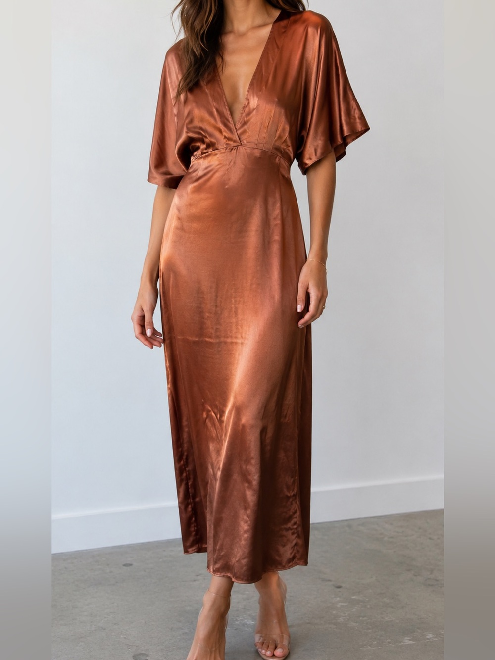Reformation Silk Deep V Maxi Dress SZ 4 Rust Brown Satin Flutter Sleeve Slip